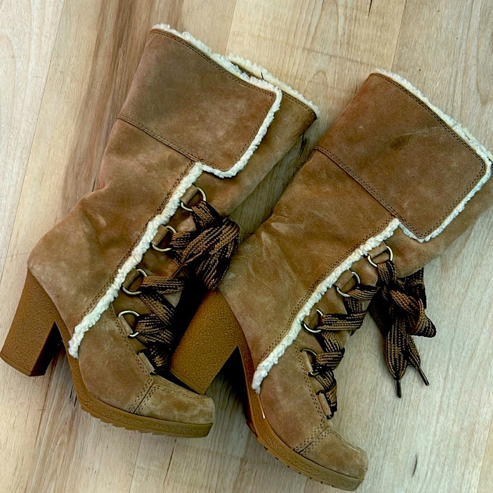 {Nine West} Suede & Shearling Mid Calf Heeled Boots